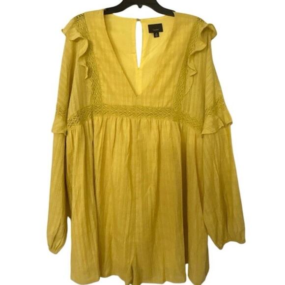 Lumiere Cotton Gold V Neck Puff Sleeve Ruffle Relaxed Fit Shorts Romper New Med - Picture 2 of 13